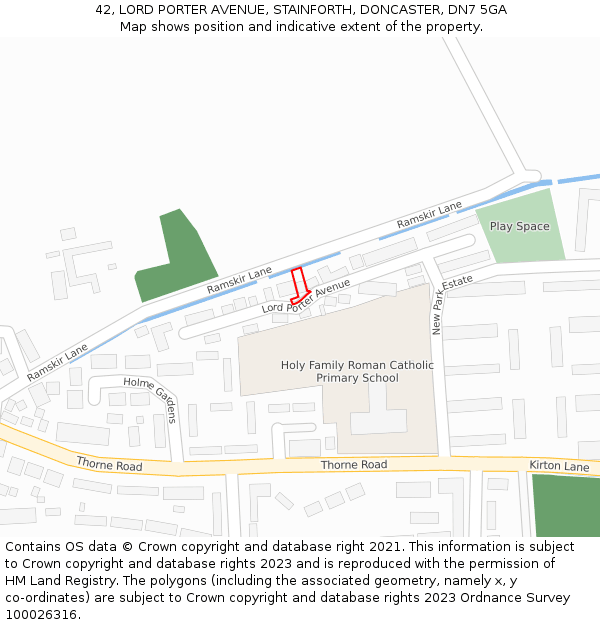 42, LORD PORTER AVENUE, STAINFORTH, DONCASTER, DN7 5GA: Location map and indicative extent of plot