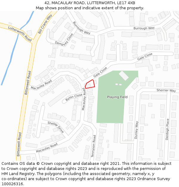 42, MACAULAY ROAD, LUTTERWORTH, LE17 4XB: Location map and indicative extent of plot