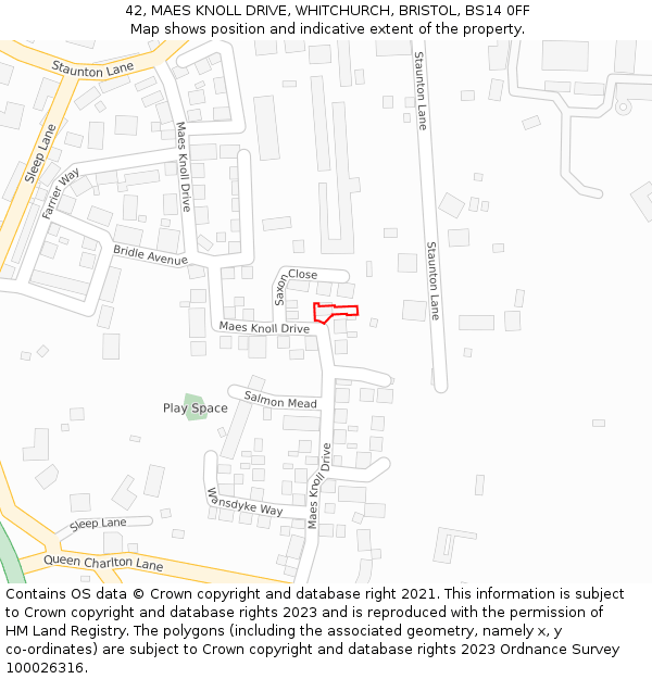 42, MAES KNOLL DRIVE, WHITCHURCH, BRISTOL, BS14 0FF: Location map and indicative extent of plot