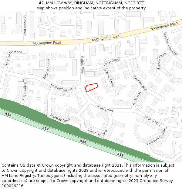 42, MALLOW WAY, BINGHAM, NOTTINGHAM, NG13 8TZ: Location map and indicative extent of plot