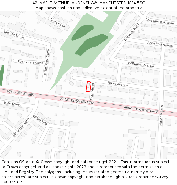 42, MAPLE AVENUE, AUDENSHAW, MANCHESTER, M34 5SG: Location map and indicative extent of plot