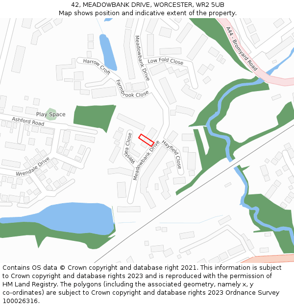 42, MEADOWBANK DRIVE, WORCESTER, WR2 5UB: Location map and indicative extent of plot