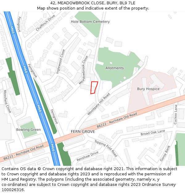 42, MEADOWBROOK CLOSE, BURY, BL9 7LE: Location map and indicative extent of plot