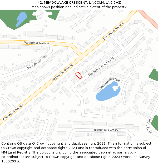 42, MEADOWLAKE CRESCENT, LINCOLN, LN6 0HZ: Location map and indicative extent of plot