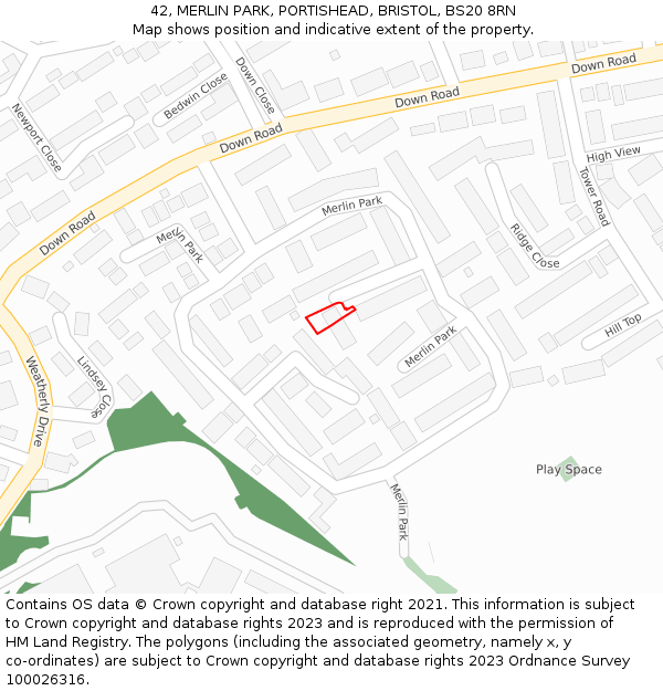 42, MERLIN PARK, PORTISHEAD, BRISTOL, BS20 8RN: Location map and indicative extent of plot