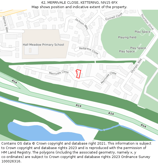 42, MERRIVALE CLOSE, KETTERING, NN15 6FX: Location map and indicative extent of plot