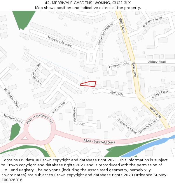 42, MERRIVALE GARDENS, WOKING, GU21 3LX: Location map and indicative extent of plot