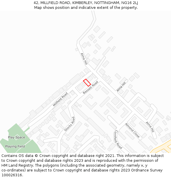 42, MILLFIELD ROAD, KIMBERLEY, NOTTINGHAM, NG16 2LJ: Location map and indicative extent of plot