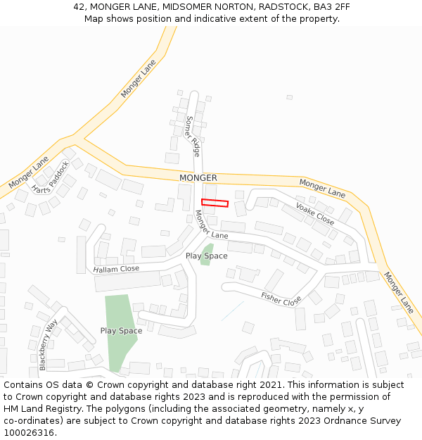 42, MONGER LANE, MIDSOMER NORTON, RADSTOCK, BA3 2FF: Location map and indicative extent of plot