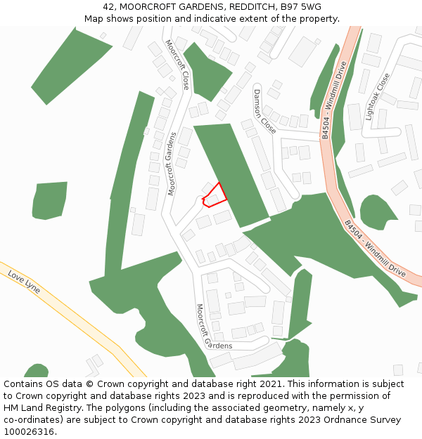 42, MOORCROFT GARDENS, REDDITCH, B97 5WG: Location map and indicative extent of plot