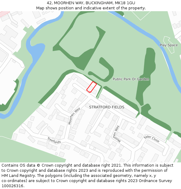 42, MOORHEN WAY, BUCKINGHAM, MK18 1GU: Location map and indicative extent of plot