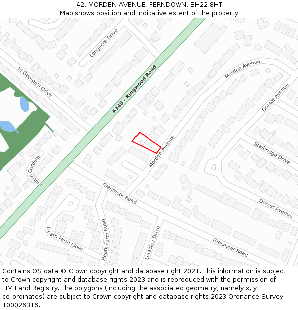 42, MORDEN AVENUE, FERNDOWN, BH22 8HT: Location map and indicative extent of plot