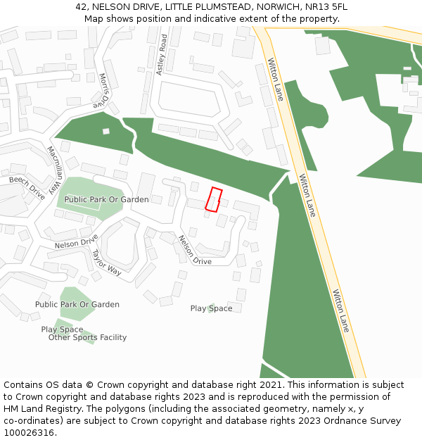 42, NELSON DRIVE, LITTLE PLUMSTEAD, NORWICH, NR13 5FL: Location map and indicative extent of plot