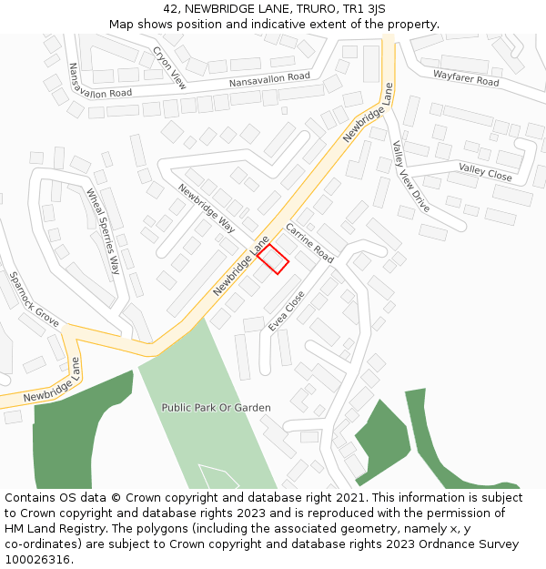42, NEWBRIDGE LANE, TRURO, TR1 3JS: Location map and indicative extent of plot