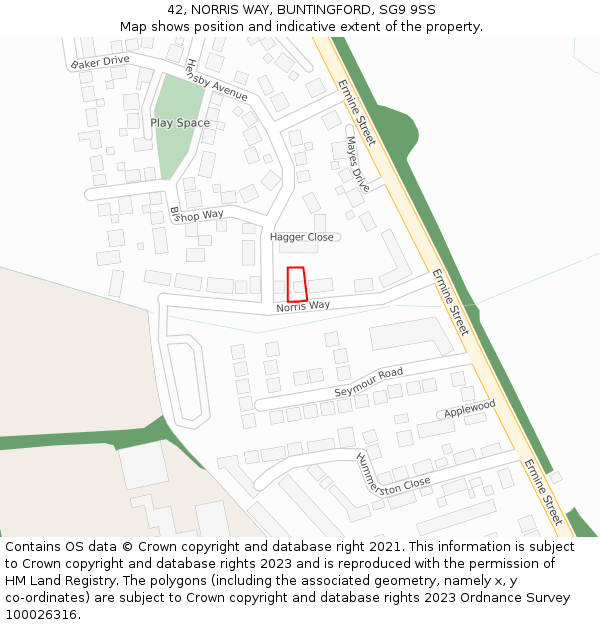 42, NORRIS WAY, BUNTINGFORD, SG9 9SS: Location map and indicative extent of plot