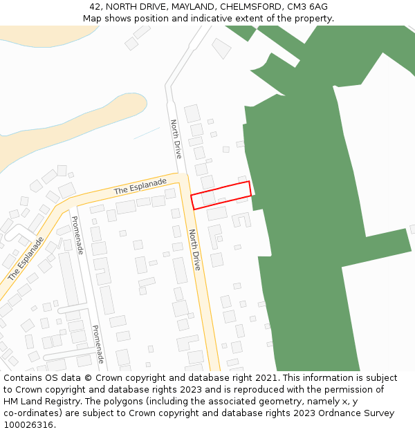 42, NORTH DRIVE, MAYLAND, CHELMSFORD, CM3 6AG: Location map and indicative extent of plot