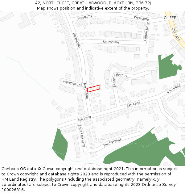 42, NORTHCLIFFE, GREAT HARWOOD, BLACKBURN, BB6 7PJ: Location map and indicative extent of plot