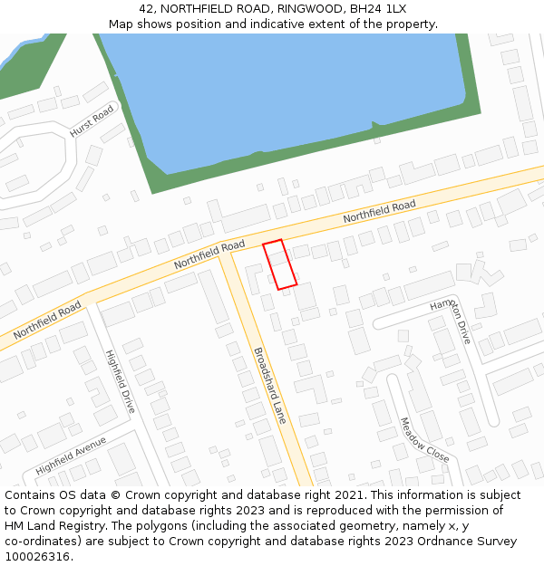 42, NORTHFIELD ROAD, RINGWOOD, BH24 1LX: Location map and indicative extent of plot