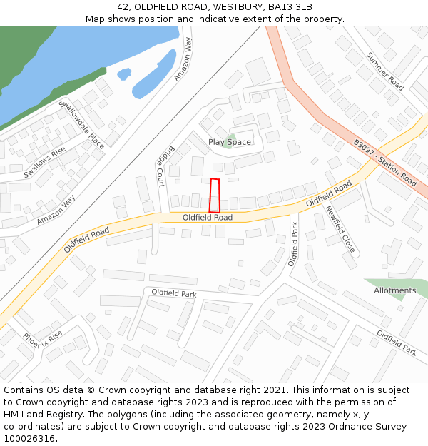42, OLDFIELD ROAD, WESTBURY, BA13 3LB: Location map and indicative extent of plot