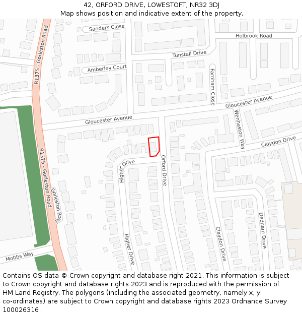 42, ORFORD DRIVE, LOWESTOFT, NR32 3DJ: Location map and indicative extent of plot