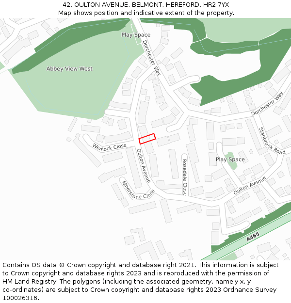 42, OULTON AVENUE, BELMONT, HEREFORD, HR2 7YX: Location map and indicative extent of plot
