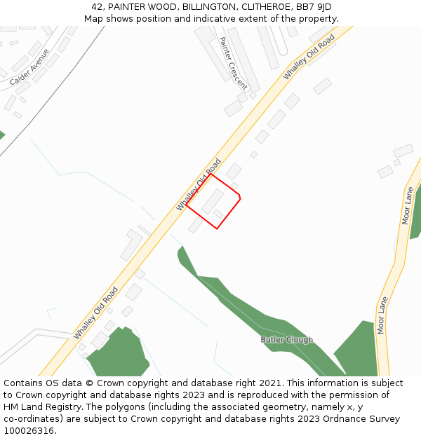 42, PAINTER WOOD, BILLINGTON, CLITHEROE, BB7 9JD: Location map and indicative extent of plot