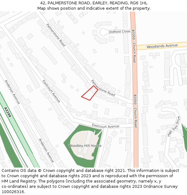 42, PALMERSTONE ROAD, EARLEY, READING, RG6 1HL: Location map and indicative extent of plot