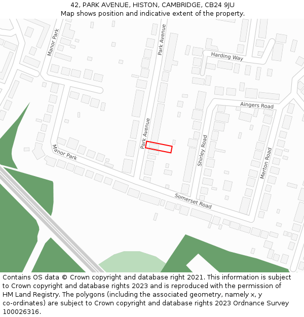 42, PARK AVENUE, HISTON, CAMBRIDGE, CB24 9JU: Location map and indicative extent of plot