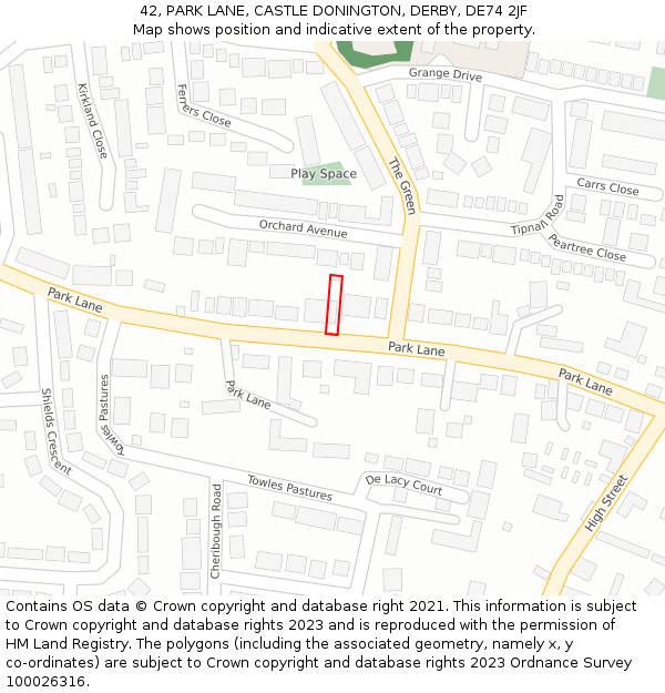 42, PARK LANE, CASTLE DONINGTON, DERBY, DE74 2JF: Location map and indicative extent of plot