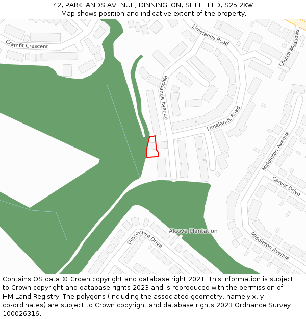 42, PARKLANDS AVENUE, DINNINGTON, SHEFFIELD, S25 2XW: Location map and indicative extent of plot