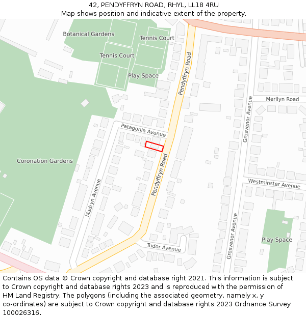 42, PENDYFFRYN ROAD, RHYL, LL18 4RU: Location map and indicative extent of plot