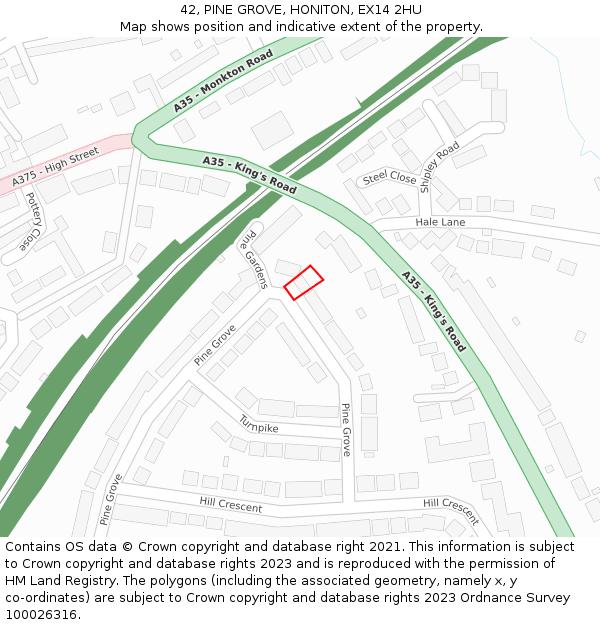 42, PINE GROVE, HONITON, EX14 2HU: Location map and indicative extent of plot