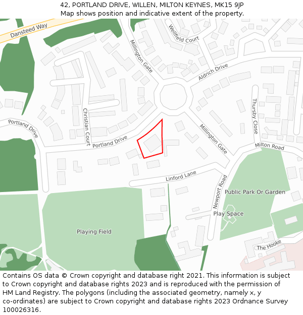 42, PORTLAND DRIVE, WILLEN, MILTON KEYNES, MK15 9JP: Location map and indicative extent of plot