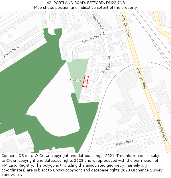 42, PORTLAND ROAD, RETFORD, DN22 7NR: Location map and indicative extent of plot