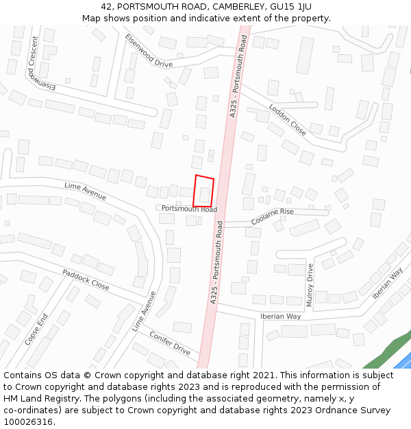 42, PORTSMOUTH ROAD, CAMBERLEY, GU15 1JU: Location map and indicative extent of plot