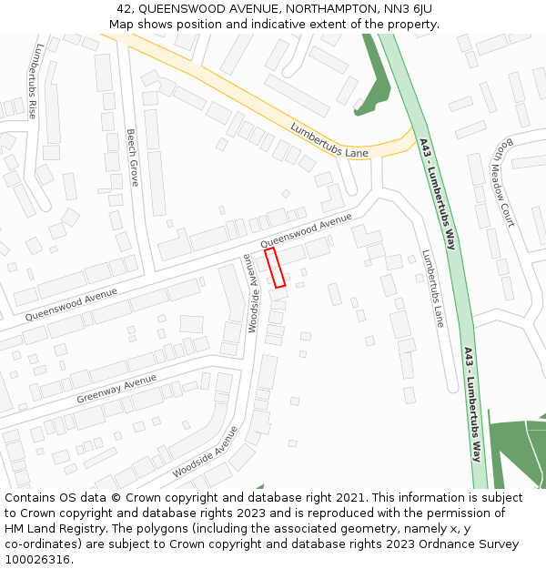 42, QUEENSWOOD AVENUE, NORTHAMPTON, NN3 6JU: Location map and indicative extent of plot