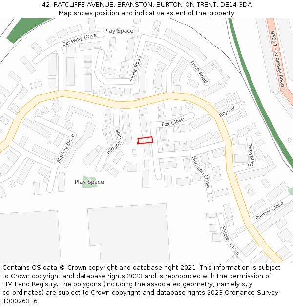 42, RATCLIFFE AVENUE, BRANSTON, BURTON-ON-TRENT, DE14 3DA: Location map and indicative extent of plot