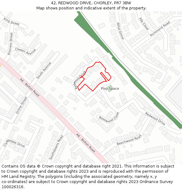 42, REDWOOD DRIVE, CHORLEY, PR7 3BW: Location map and indicative extent of plot