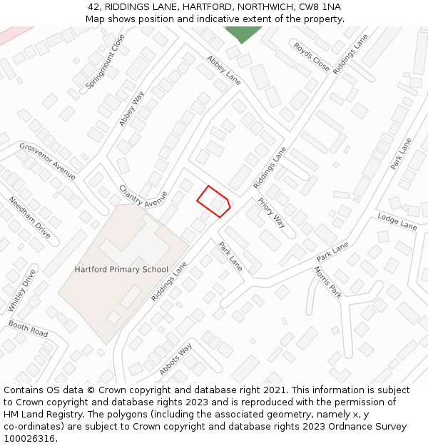 42, RIDDINGS LANE, HARTFORD, NORTHWICH, CW8 1NA: Location map and indicative extent of plot