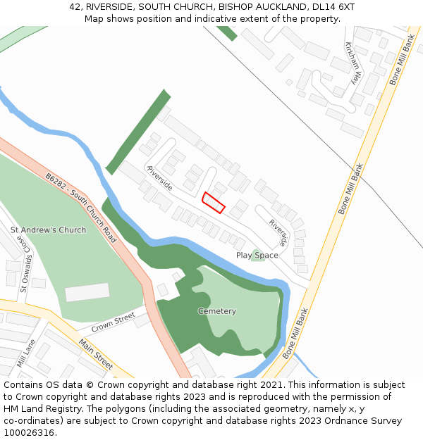42, RIVERSIDE, SOUTH CHURCH, BISHOP AUCKLAND, DL14 6XT: Location map and indicative extent of plot