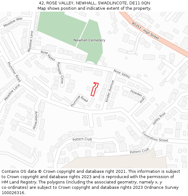 42, ROSE VALLEY, NEWHALL, SWADLINCOTE, DE11 0QN: Location map and indicative extent of plot