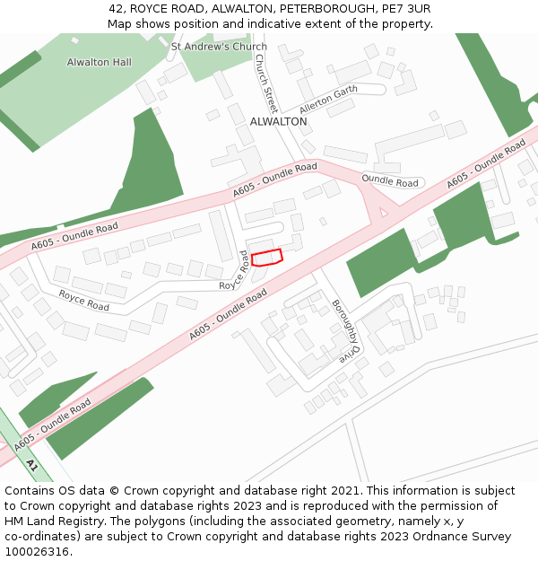 42, ROYCE ROAD, ALWALTON, PETERBOROUGH, PE7 3UR: Location map and indicative extent of plot