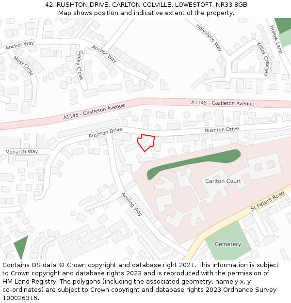 42, RUSHTON DRIVE, CARLTON COLVILLE, LOWESTOFT, NR33 8GB: Location map and indicative extent of plot