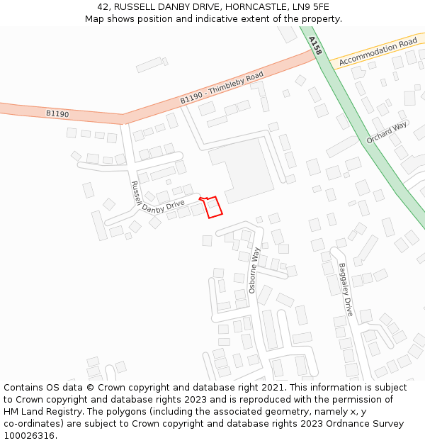 42, RUSSELL DANBY DRIVE, HORNCASTLE, LN9 5FE: Location map and indicative extent of plot