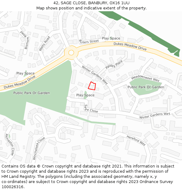 42, SAGE CLOSE, BANBURY, OX16 1UU: Location map and indicative extent of plot