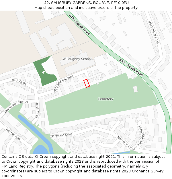 42, SALISBURY GARDENS, BOURNE, PE10 0FU: Location map and indicative extent of plot