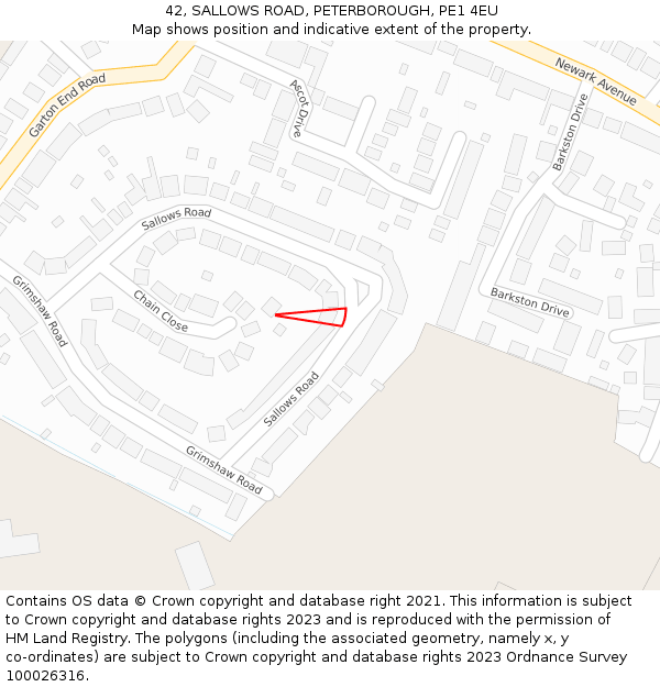 42, SALLOWS ROAD, PETERBOROUGH, PE1 4EU: Location map and indicative extent of plot