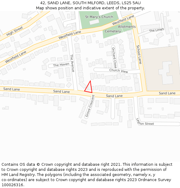 42, SAND LANE, SOUTH MILFORD, LEEDS, LS25 5AU: Location map and indicative extent of plot