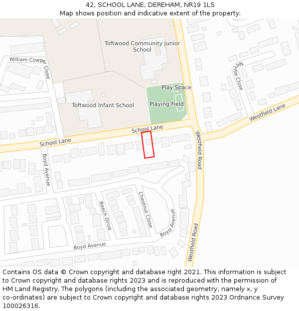 42, SCHOOL LANE, DEREHAM, NR19 1LS: Location map and indicative extent of plot