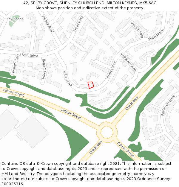 42, SELBY GROVE, SHENLEY CHURCH END, MILTON KEYNES, MK5 6AG: Location map and indicative extent of plot